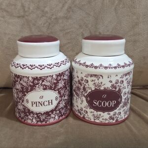 Ashland Ceramic Spice Jars Set “A Pinch & A Scoop” Burgundy White Floral Cottage